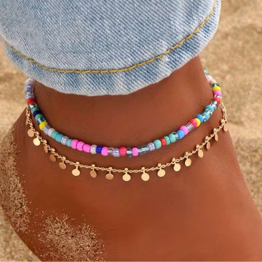 New Colorful Beaded & Gold Disc Double Anklet